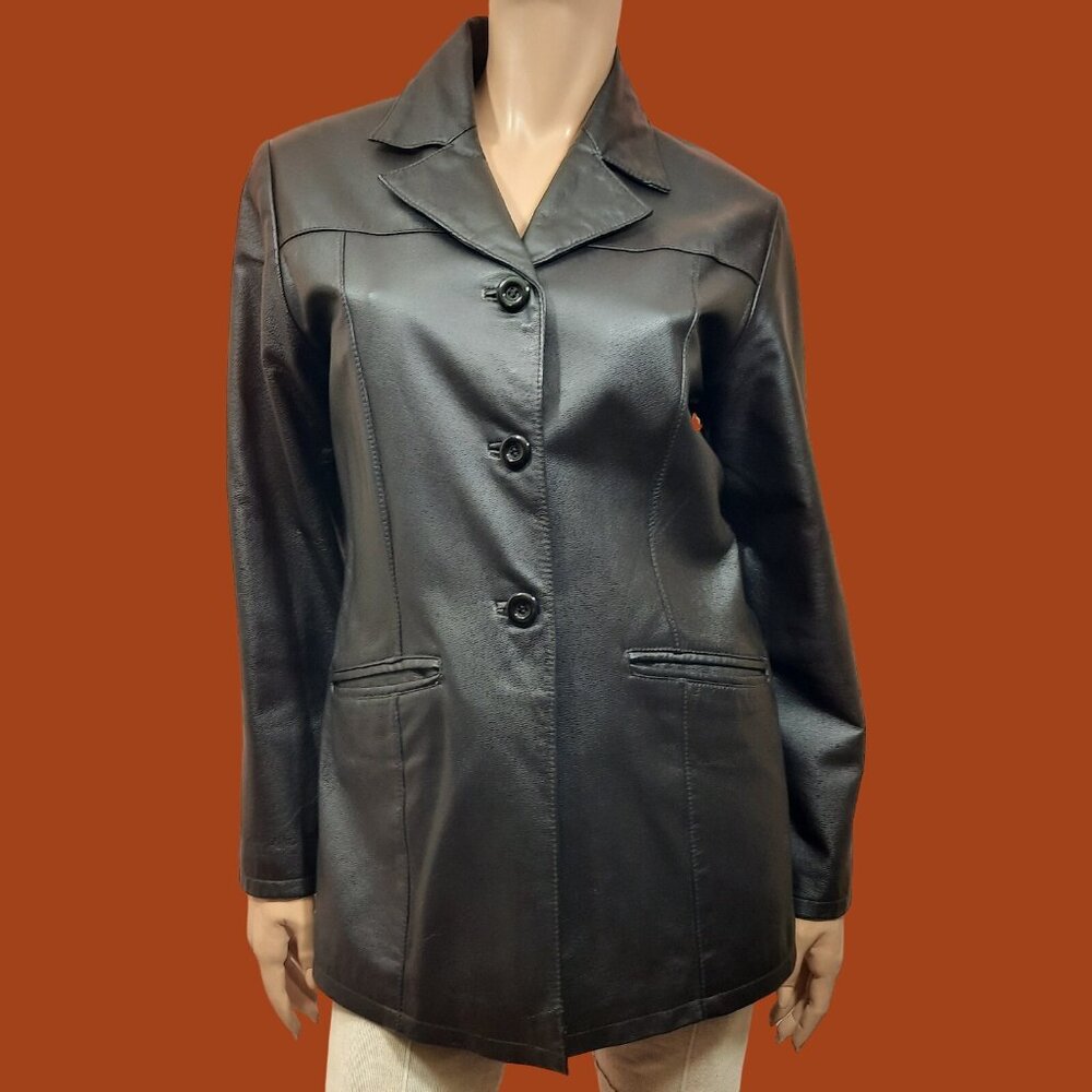 Vintage 90s Y2k Leather Jacket Dark Brown Mid Length Size S Button Up